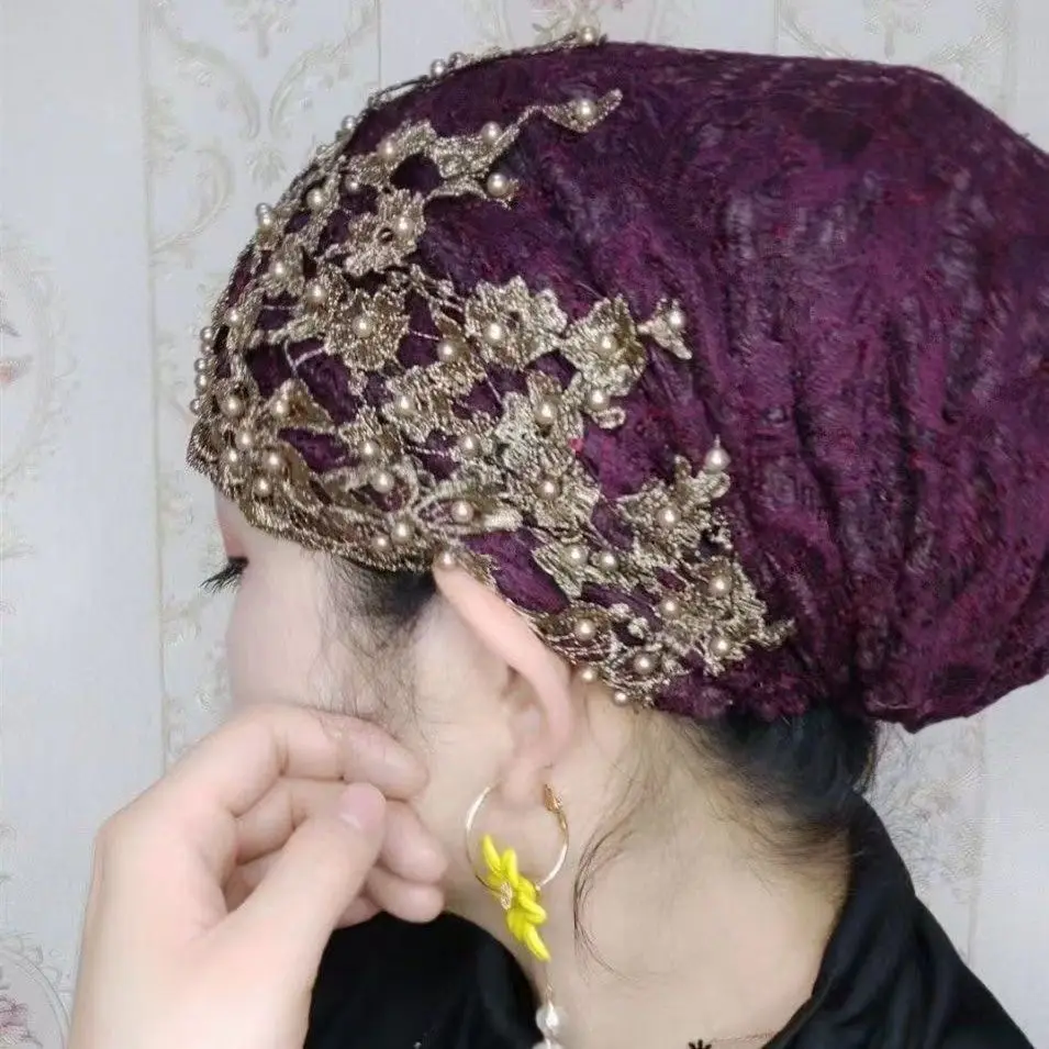 ゴールドビーズアンダースカーフイスラム教徒ヒジャーブ女性レース刺繍スカーフインナー帽子ビーニーボンネットイスラム結婚式ターバンテヘッドラップ