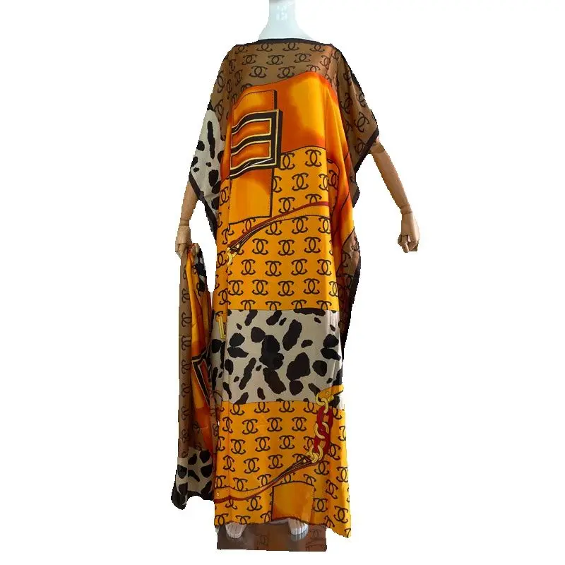 2023 Vestido Africano Rayon Oversize Women Clothing Dubai Dashiki Abaya Free Size Print Design With Scarf Loose Long Dress