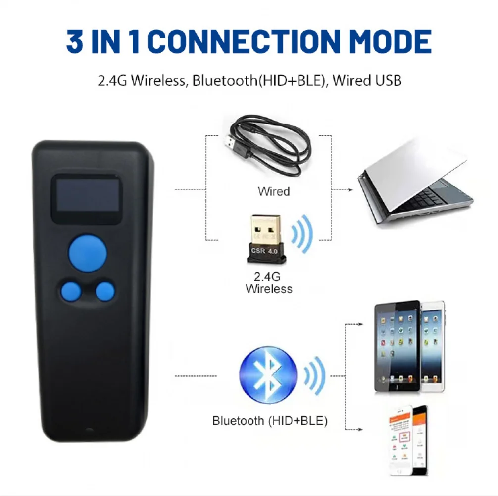 Wireless Bluetooth Barcode Scanner Portable Pocket 2D Reader Large Data Memory USB Rechargeable for Warehouse POS System