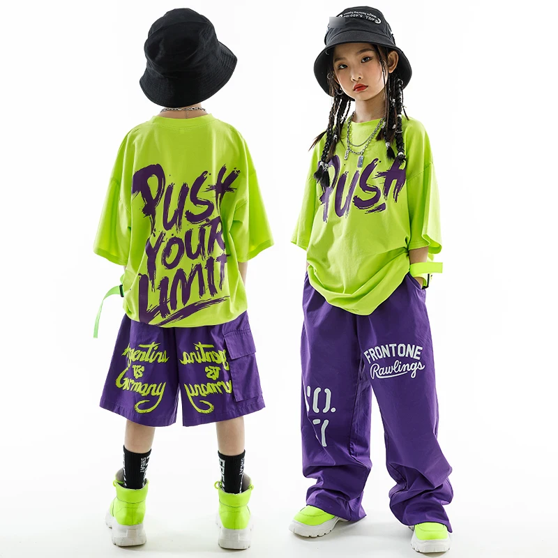 Children's Day Street Dance Fashion Outfit Girls Green Tops Pants Loose Short Sleeves Boys Jazz Drum Performance Wear BL10491