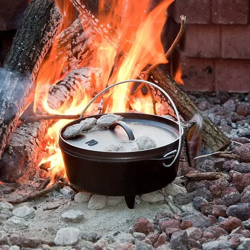 Cast Iron Camp Dutch Oven, 4-Quart – Pre-Seasoned, Flanged Lid, Built-in Legs for Campfire Cooking, Made in the USA