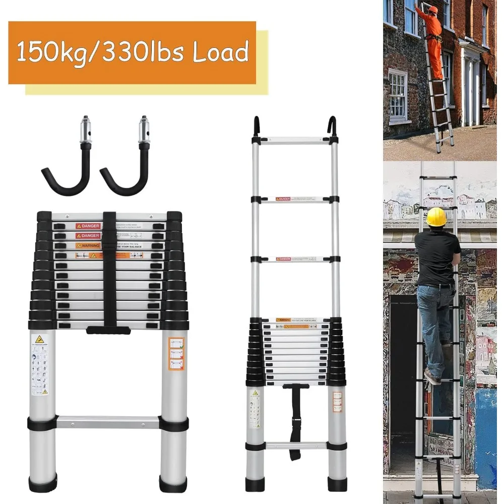 سلم ألومنيوم قابل للطي بطول 16.4 قدم مع خطافات، سعة 12 خطوة، سعة 330 رطل، محمول وسهل التخزين للاستخدام المنزلي #4