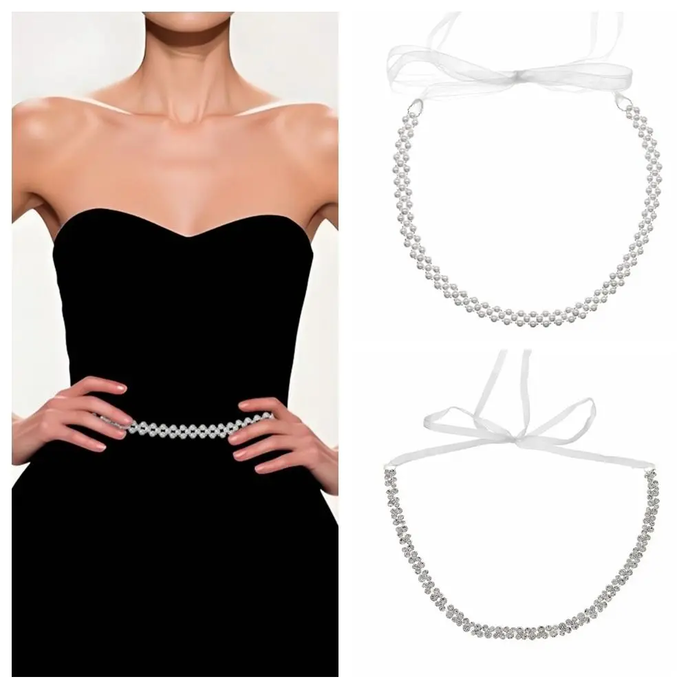 

Retro Bling Pearl Waist Belt Ribbon Thin Waistband Waist Strap Long Chain Rhinestone Waist Chain Performance
