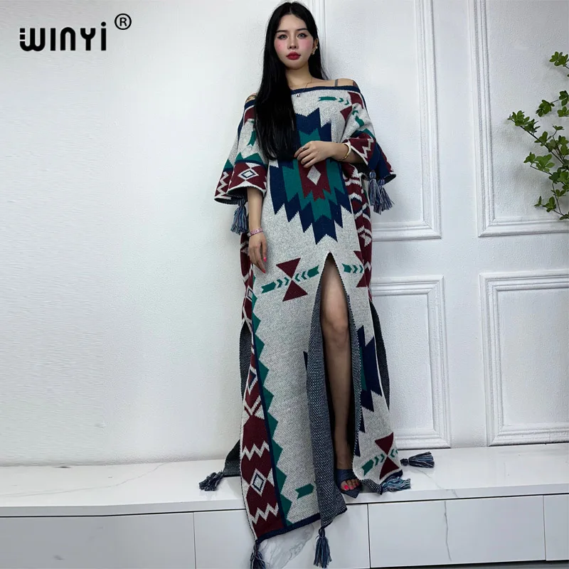 WINYI new Geometric print Comfort Warm fashion Caftan Holiday dress Elegant Africa Boho winter kaftan for women party long dress