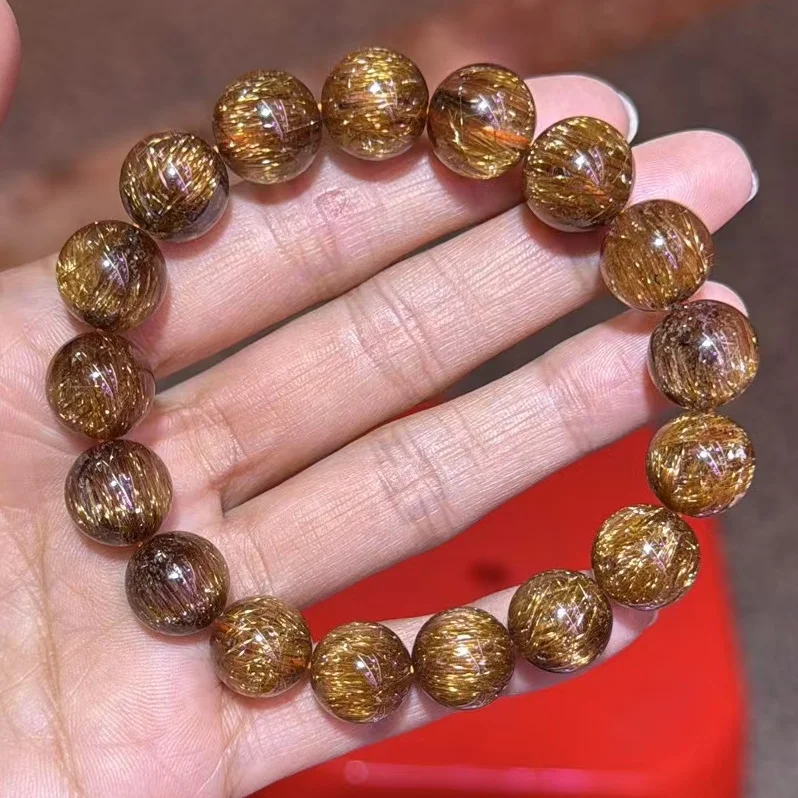 Natural Copper Rutilated Quartz Bracelet Clear Round Beads Cat Eye 12.2mm Rutilated Women Man Bracelet AAAAA