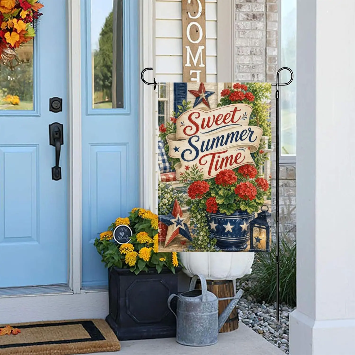 Patriotic Porch Garden Flag 12x18 Inch Sweet Summer Time Geranium Americana Star Lantern Red Blue Farmhouse Decor kkz