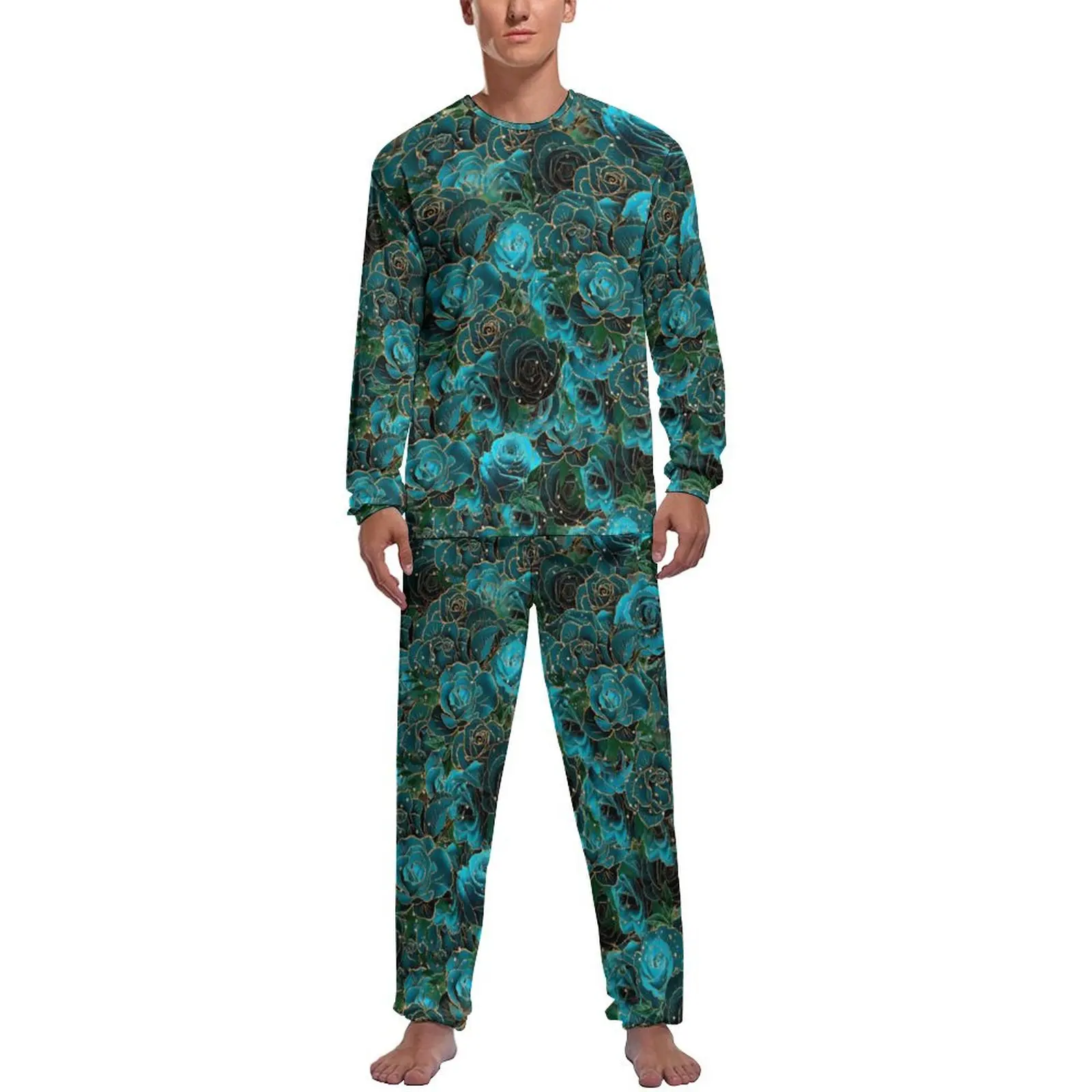 Teal Rose Print Pajamas Gold Glitter Floral Men Long Sleeve Warm Pajamas Set Two Piece Casual Spring Nightwear Birthday Gift