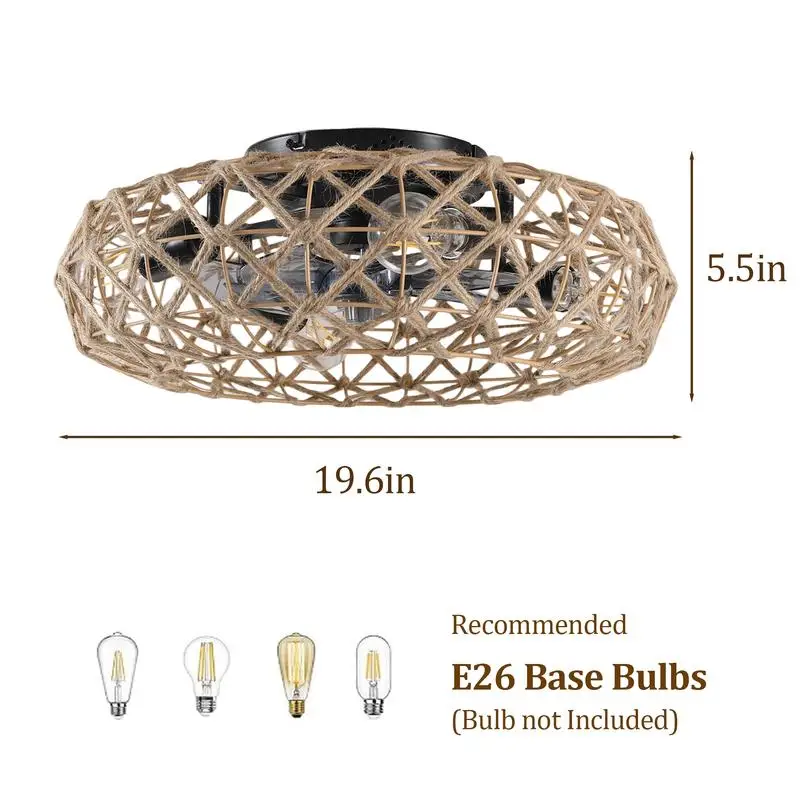 Ceiling-Mounted Jute Rope Fan Light Strip with 4 LED Bulbs, Dimmable, 7 Blades, Reversible DC Motor, Adjustable Brightness and