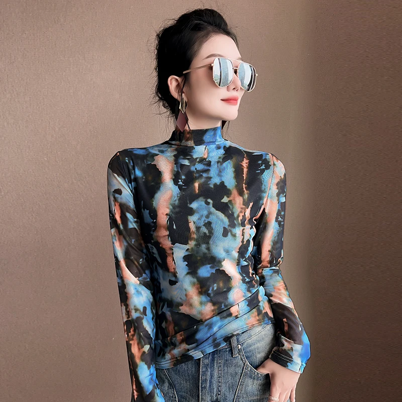 MadBlack-Women European T-Shirt, Sexy Mock Neck Geometry Print, Clubwear Long Sleeve Slim M-3XL Knit Tee, 2026 Autumn T69873CC