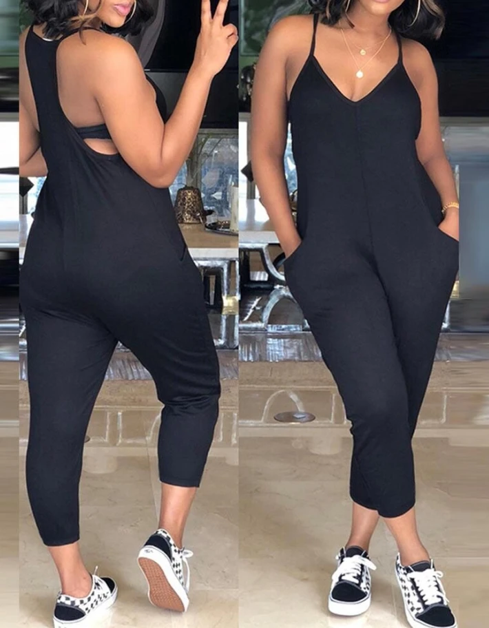 

Spaghetti Strap Cutout Jumpsuit for Women Cropped Leg and Pocket Style Casual Comfortable One-Piece Outfit Jumpsuit