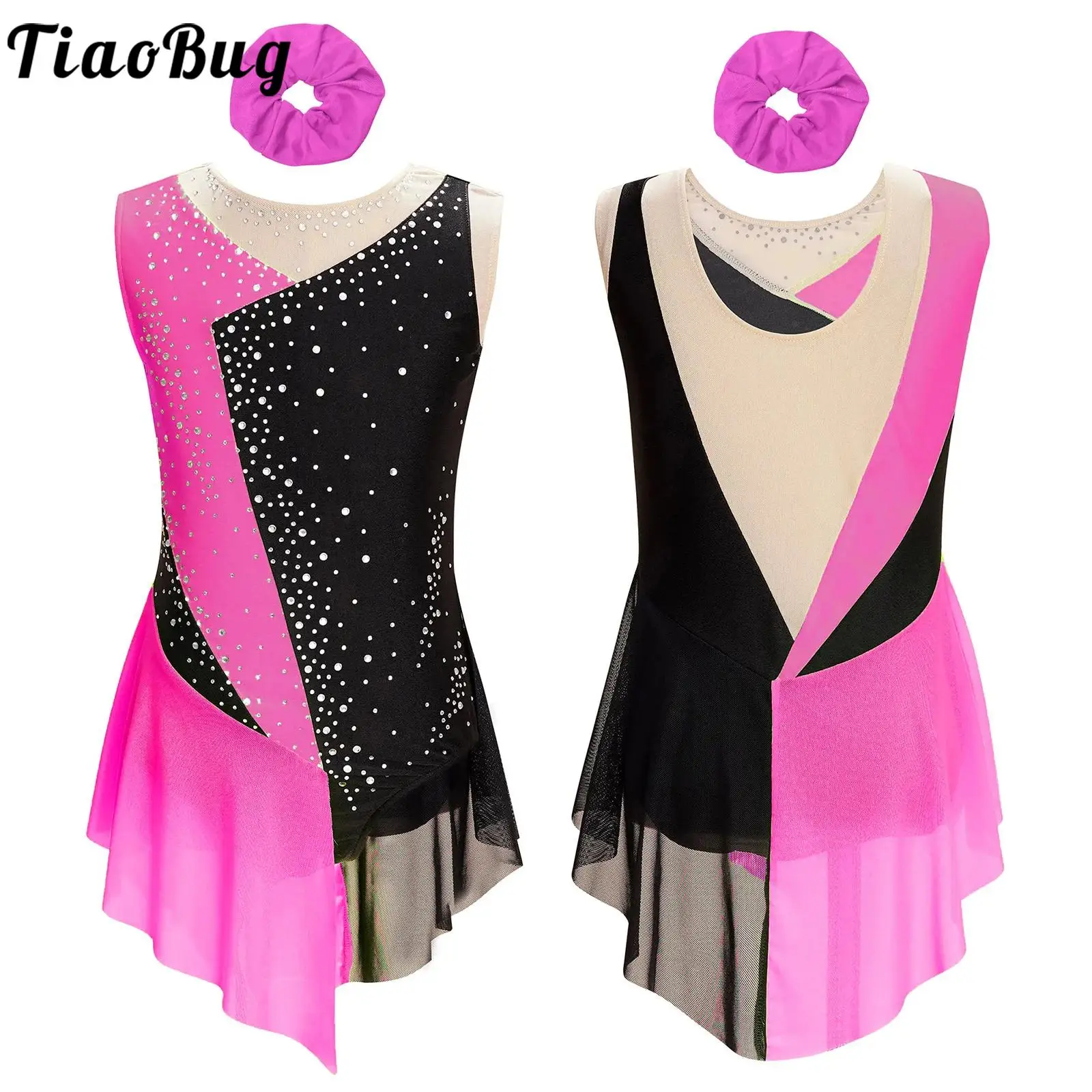 

Sparkly Rhinestone Figure Skating Leotard for Girls Sheer Mesh Splice Skirt Rhythmic Gymnastic Bodysuit Performance Dance Wear