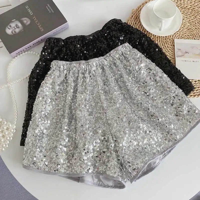 Women's Silver A-line Micro Shorts 2000s Y2k Mini Sequins Shorts with Elastic Harajuku Vintage Short Pants Clothes Summer 2025