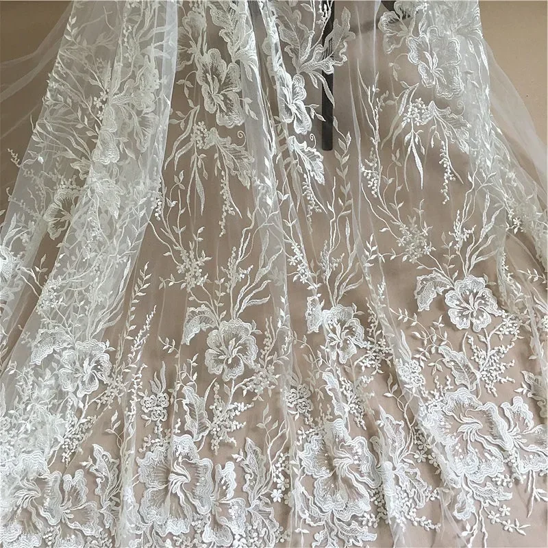 

1 Yard Quality Sequin Off White Tulle Floral Embroidery Lace Fabric Bridal Gown Wedding Dress Veils Shrug Designer Fabric