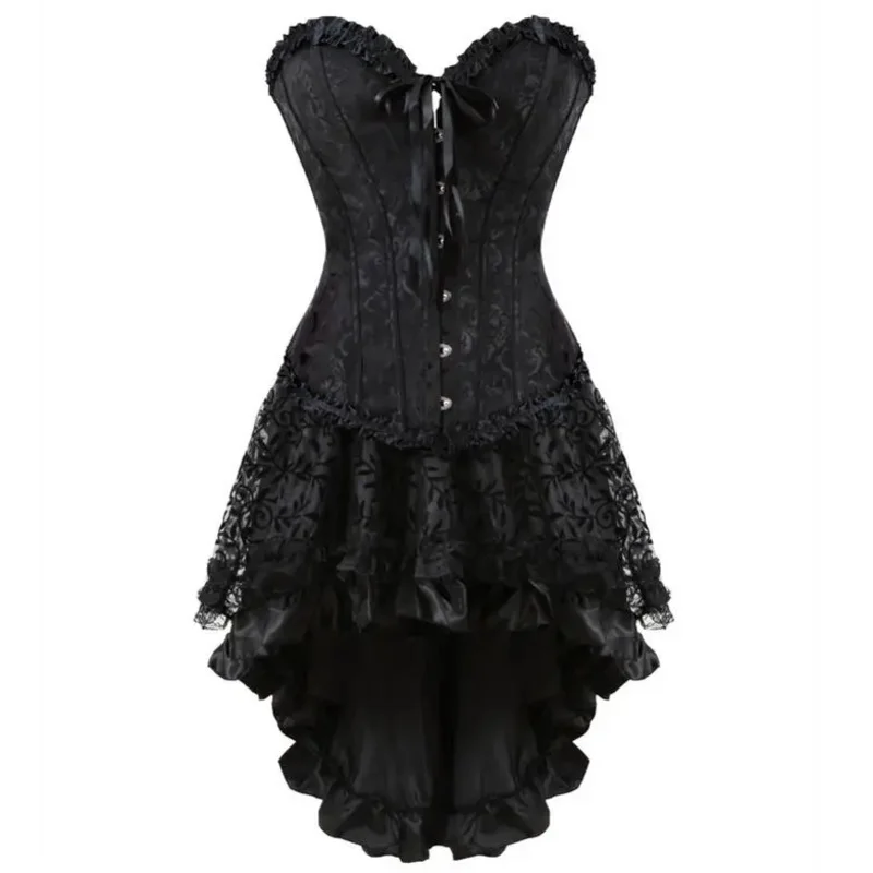 القوطية الأزهار الدانتيل يصل مشد للفستان Showgirl كلوبوير الملابس الداخلية زي هزلي المشدات الكورسيهات وتنورة مجموعة المرأة الغريبة