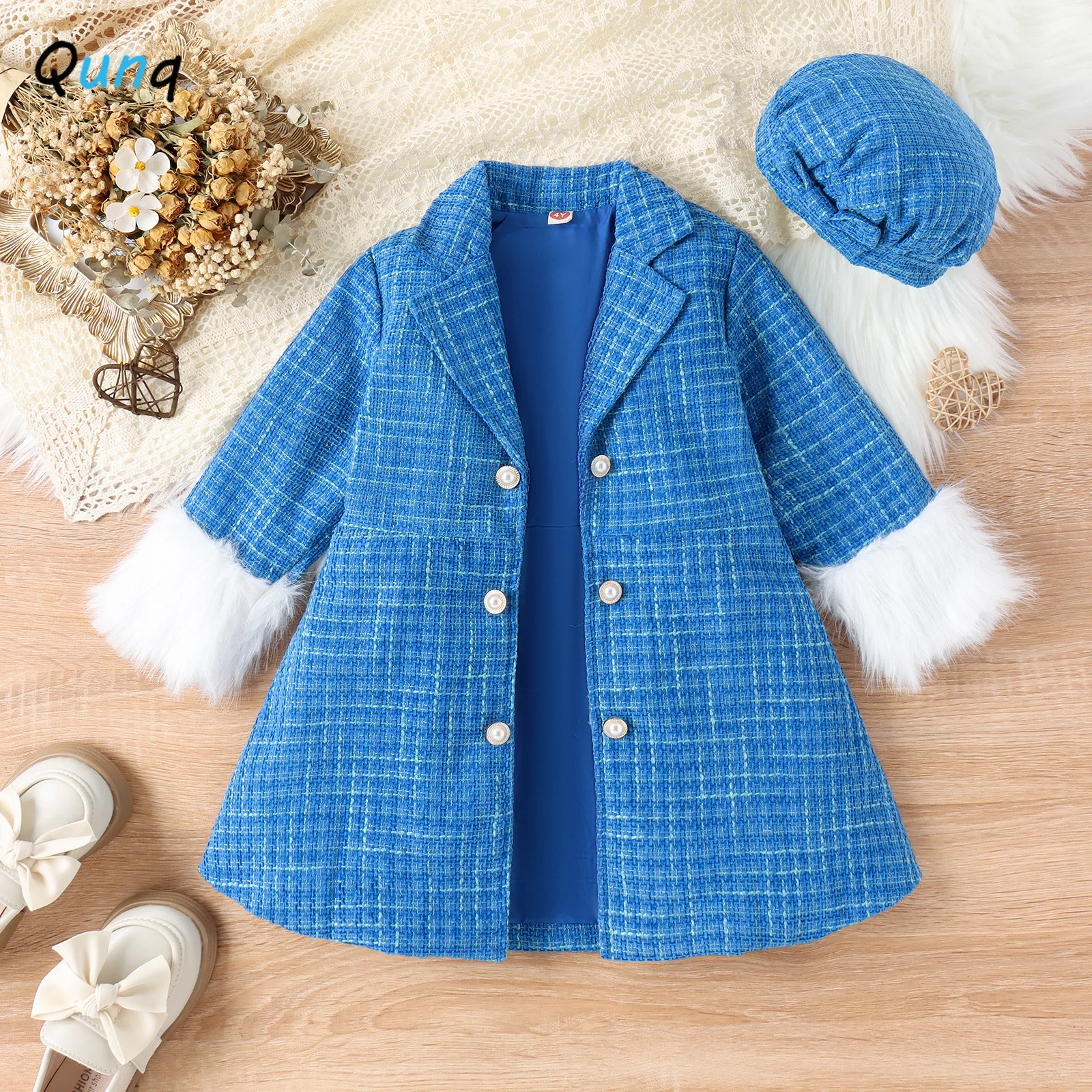 Qunq 2023 Autumn New Girls Striped Single Breasted Patchwork Tweed Trench Coat + Cap 2 Pieces Set Casual Kids Clothes Age 3T-8T