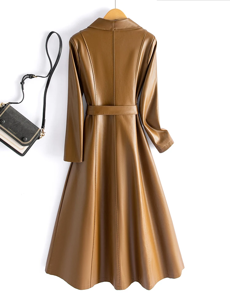 Cappotto in Vera Pelle Haining da Donna, Lungo, Nuova Collezione Primavera 2025, Versione Coreana Slim Fit, Sopra il Ginocchio, in Pelle di Pecora, Antivento