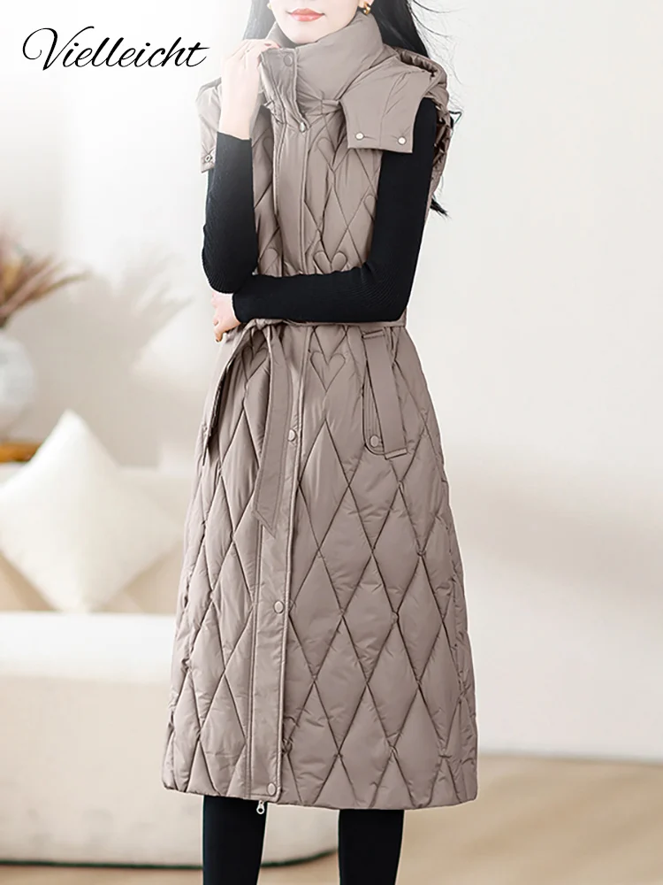 Vielleicht 여성용 단색 후드 긴 푸퍼 조끼 재킷, 벨트 달린 민소매 조끼, 가을 겨울, 2024 신상 