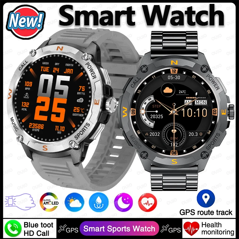

New Outdoor GPS Smart Watche Men AMOLED Screen Rotating Crown 100+ Sports IP67 Waterproof Heart Rate Weather BT Call Smart Watch