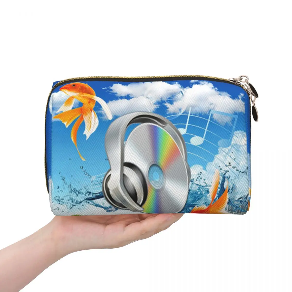 Frutiger Aero CD Listening To Music With Fish Women Cosmetic Bag Travel Makeup Organizer Pouch Toiletry Storage Dopp Kit Case
