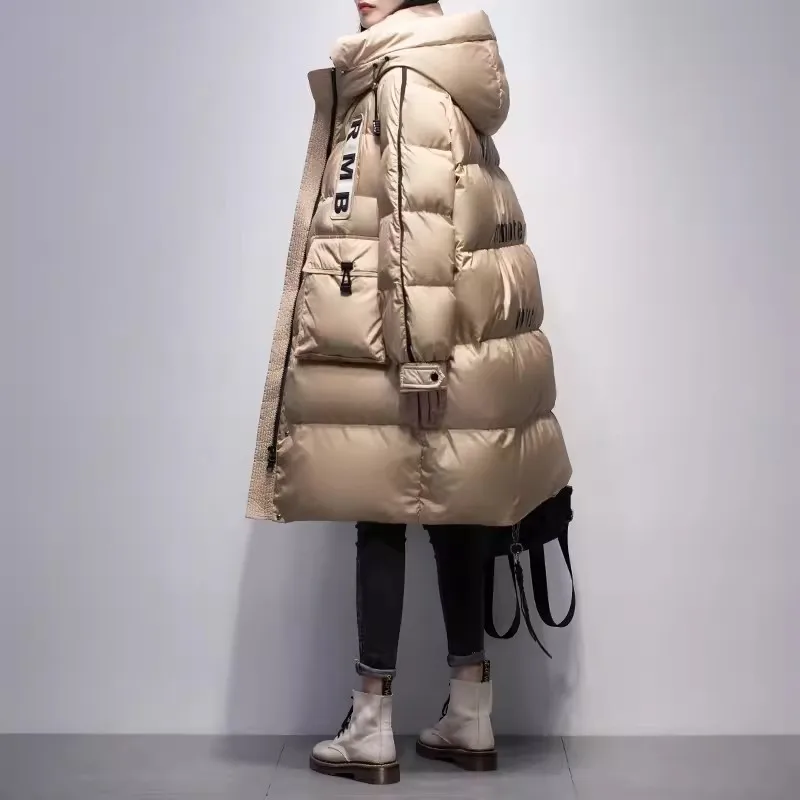 Champagne Letter Down Jacket Women's 2024 Winter New Korean White Duck Down Hooded Coat Warm Female Parkas Casual Long Overcoat