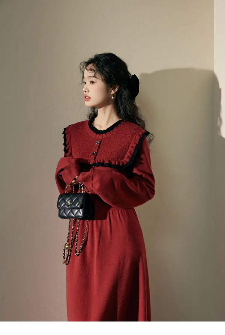 Korea Red Dress Women\'S Autumn And Winter New Wear Woolen Long Skirt Elegant Knee-Length Dress