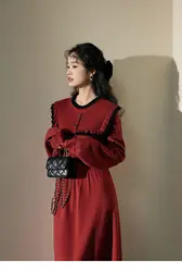 Korea Red Dress Women'S Autumn And Winter New Wear Woolen Long Skirt Elegant Knee-Length Dress