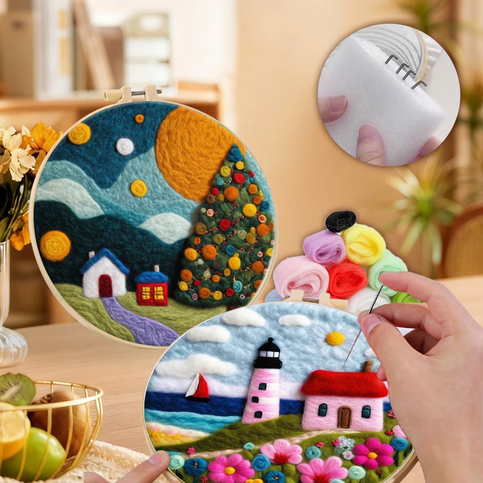

GATYZTORY Wool Felting Kit Scenery Landscape Set Diy Creative Making Wool Felt Kit Embroidery Frame Adult Crafts Home Decoration