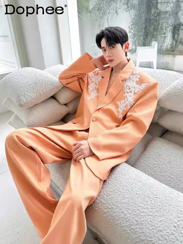 

2026 Men's Spring Lace Beaded Floral Color Matching Suit Jackets Pants High-End Trendy Loose Blazers Suit Pants Two-Piece Sets