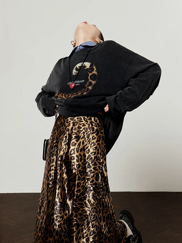 

Loose Long Sleeve Black Sweatshirt Women's round Neck Leopard Print T-shirt Casual Style Spring New Arrival Comfortable Breat...