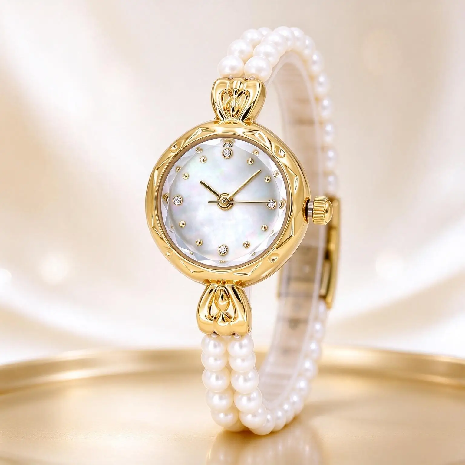 GULENA Vintage Ladies Quartz Watch Pearl Strap Small Shell Round Dial Gold Plated Women Wristwatch Daily Waterproof Gift