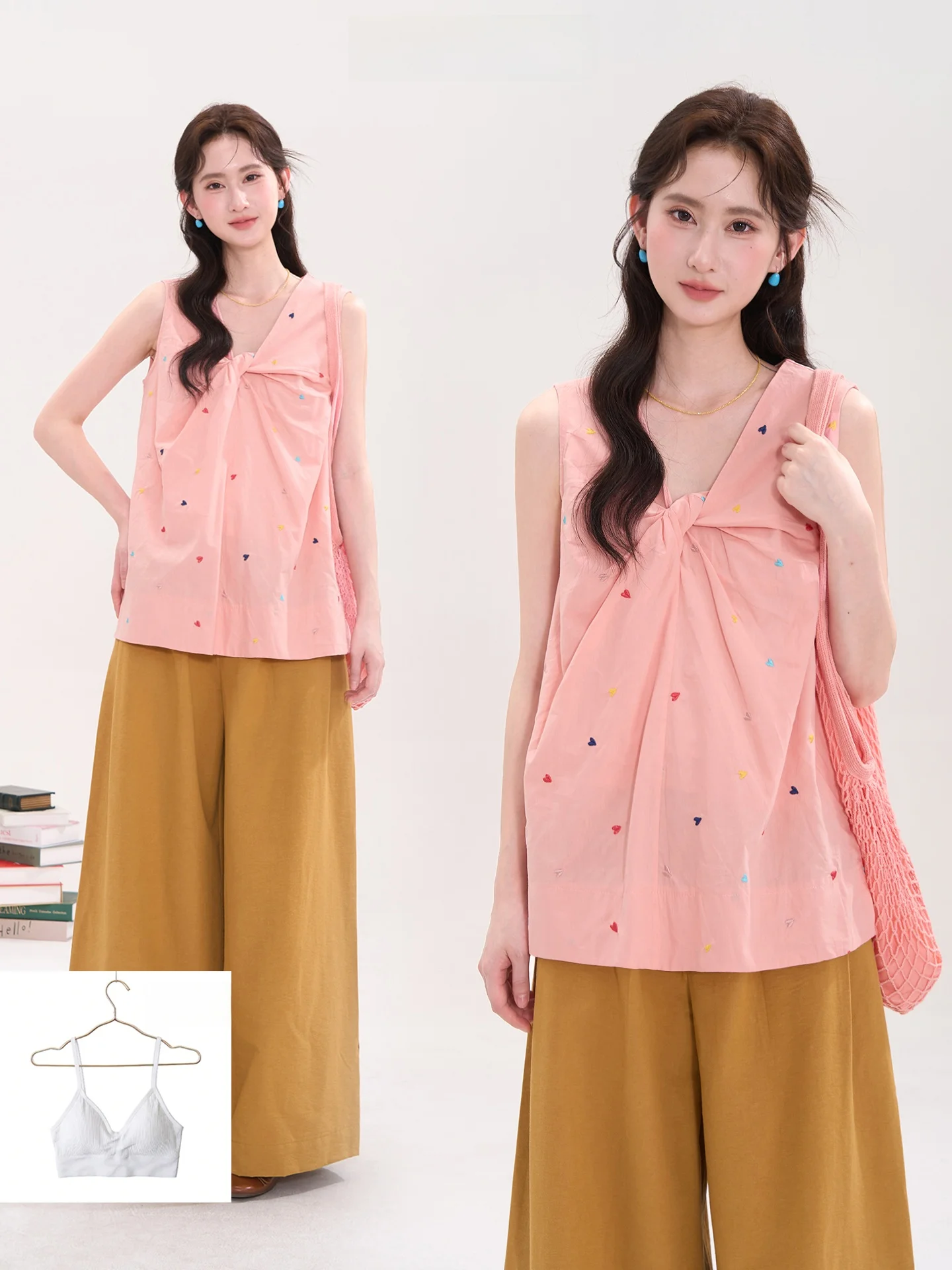 

Heme Summer Lightweight Flax Svel Women's irt with Embroidery Heart Pattern Window Display Floral Print Loose Fit