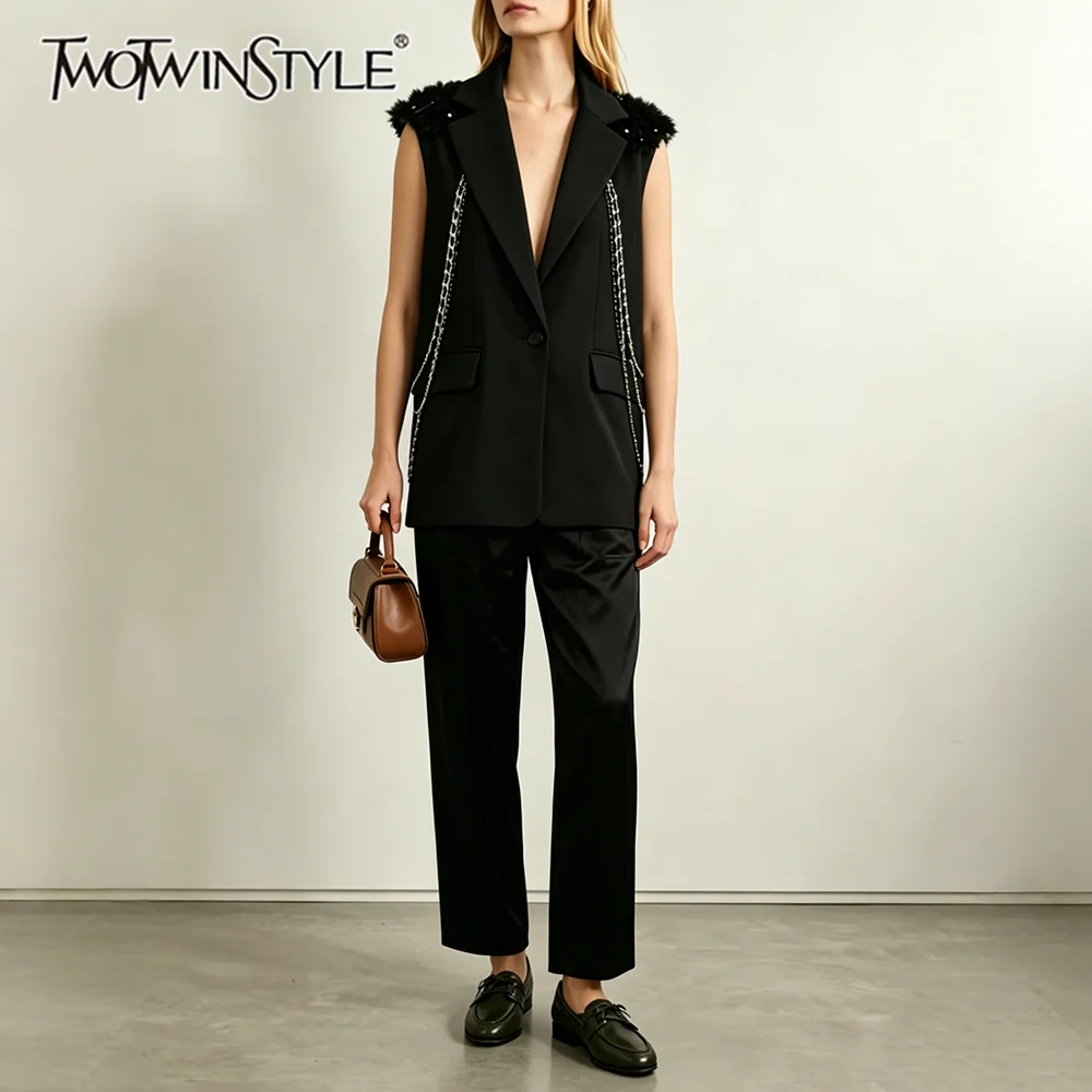 

TWOTWINSTYLE Black Chain Design Sleeveless Vest for Women Notched Collar Spliced Sequins Mesh Shoulder Pad for Office Commute