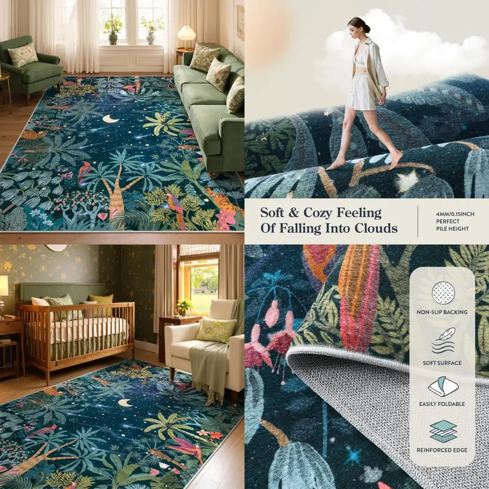 

Lahome Midnight Jungle Green 8x10 Washable Rugs for Bedrooms and Living Rooms, Soft and Safe for Kids' Playrooms, Non-Slip and S