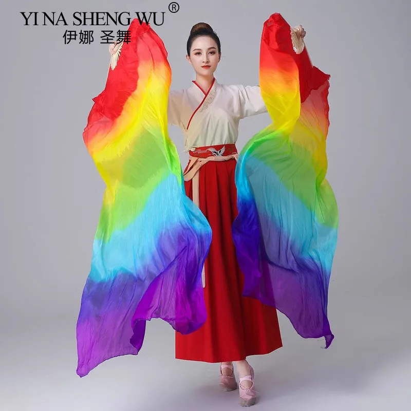 Belly Dance Rayon Silk Imitation Silk Fan Veil 1pc Left Hand+1pc Right Hand Bamboo Ribs Handmade Dyed Gradient Color Rainbow Fan
