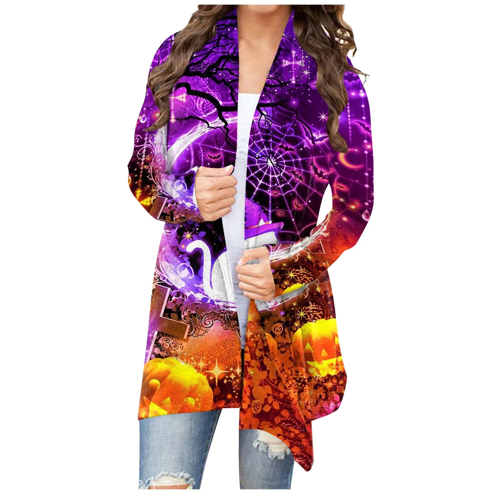 Women's Coat Spring Autumn style Casual coat Fashion Floral Halloween Print Medium Length Cardigan Jacket Coat