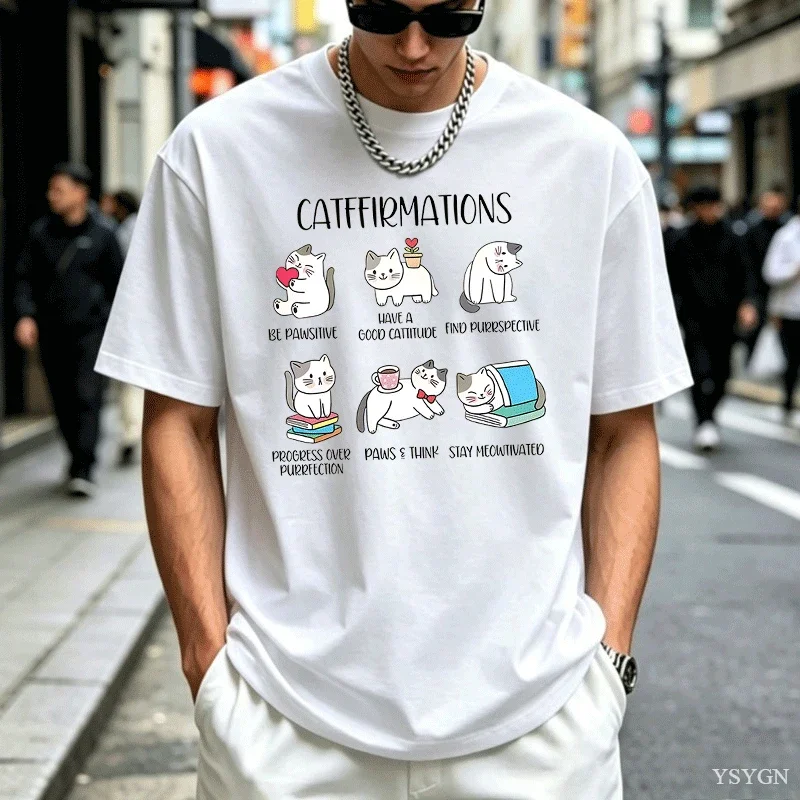 Positive Cats Catffirmations T-Shirt for Men Women Cat Lover Teacher T Shirt Funny Cat Graphic Tees Mens Designer Clothes Top