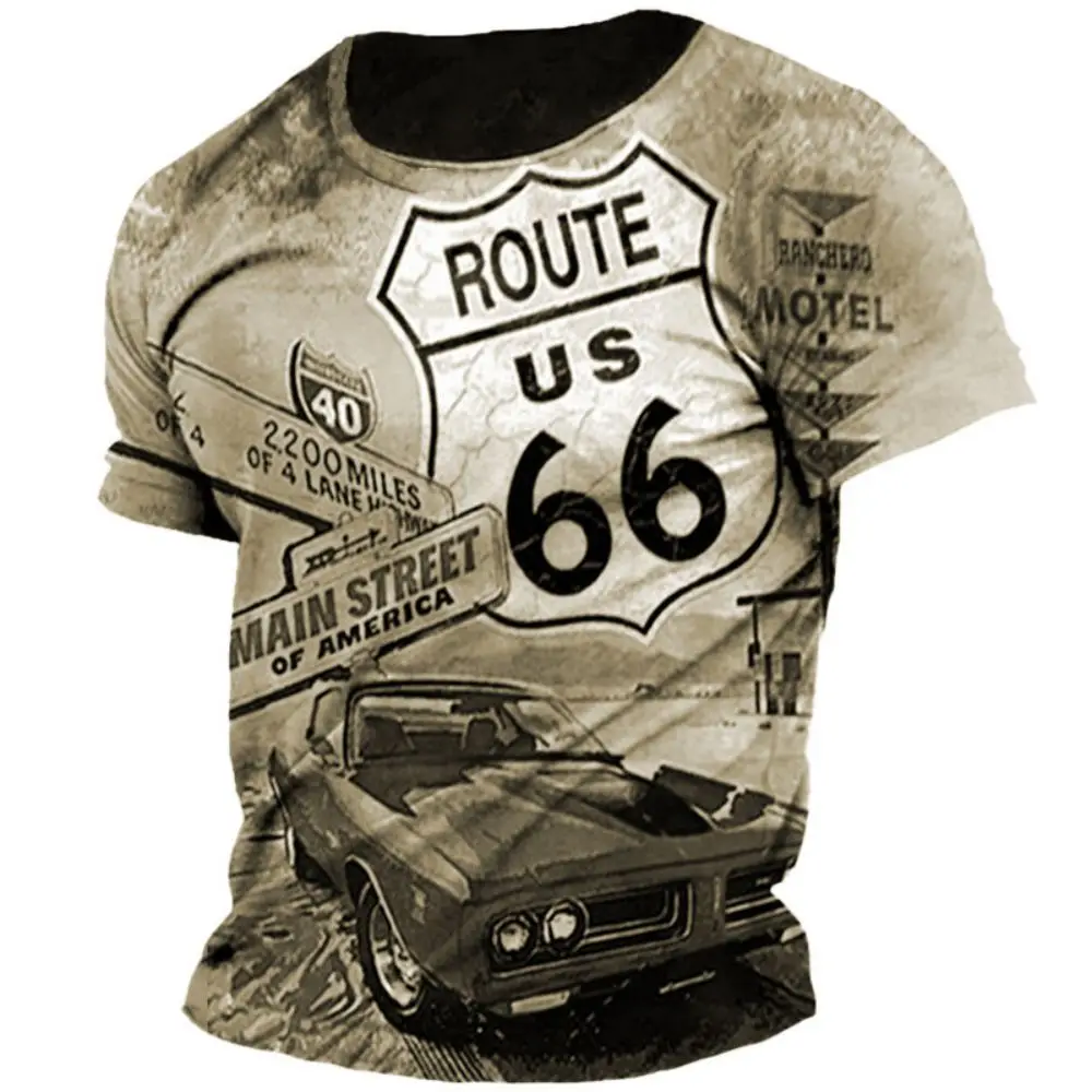 Vintage T Shirts For Men 3d Print American Top Short Sleeve Oversized Tee Hip Hop O-neck 66 Route T-shirts Men Clothing Camiseta