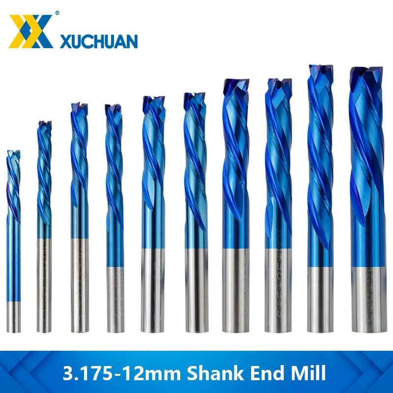 End Mill 3 Flute Up Down Cut Milling Cutter 3.175/4/5/6/8/10/12mm Shank CNC Router Bits Nano Blue Coated Carbide for Aluminum