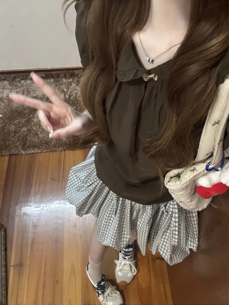 Retro kanten kraag Bubble ort Sve irt dames zomer 2025, nieuwe geruite knoprok, tweedelige set polyestervezel rond...