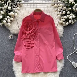 Neploe Vintage 3d Flower Mid-length Shirts Women 2024 Autumn New Lapel Neck Blouses Y2k Long Sleeve Fairycore Blusas Mujer