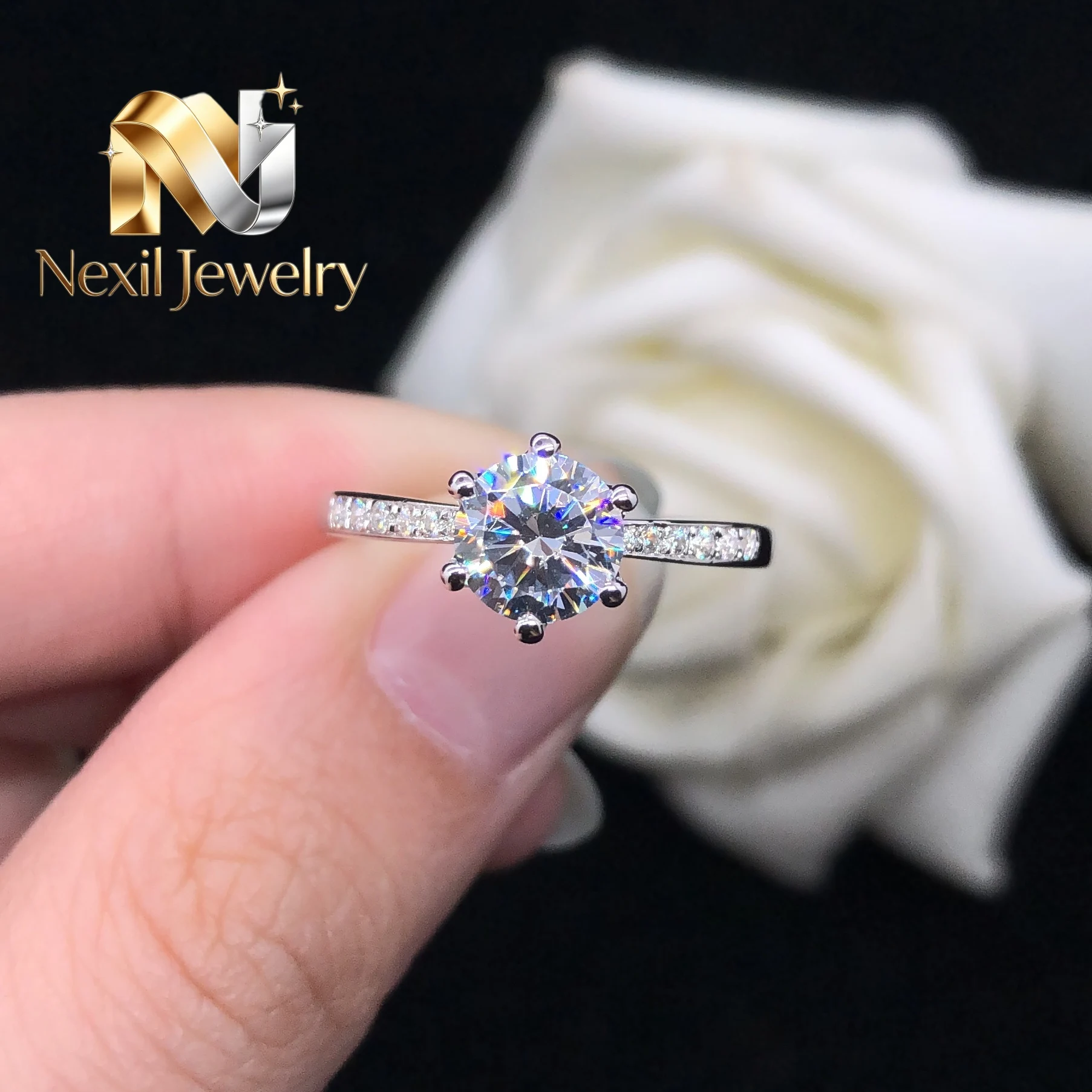 Nexil Jewelry  Nice Quality 1Ct 6.5mm D Color VVS1 Moissanite Engagement Ring AU585 14K White Gold Ring Wedding Diamond Jewelry
