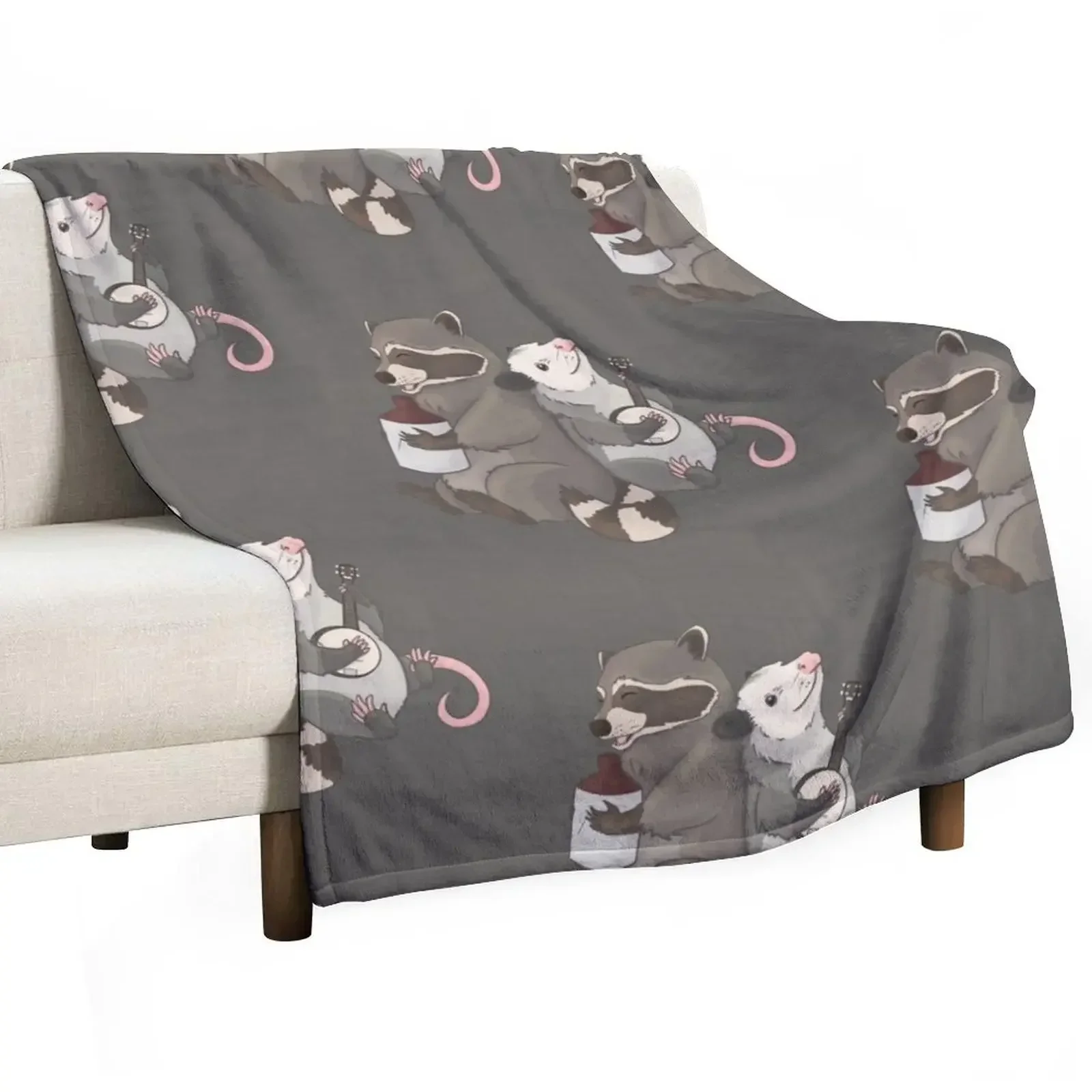 

Opossum and a Racoon playing instruments Throw Blanket Warm Camping Blankets