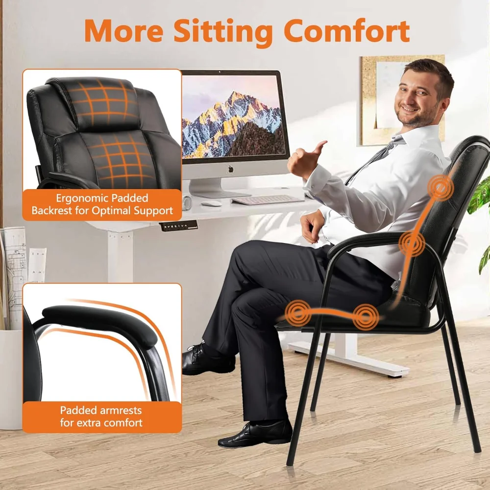 Big Tall 500 LBS Wide Guest Chair Heavy Duty, chaises de réception latérales en cuir avec accoudoir rembourré sans roues