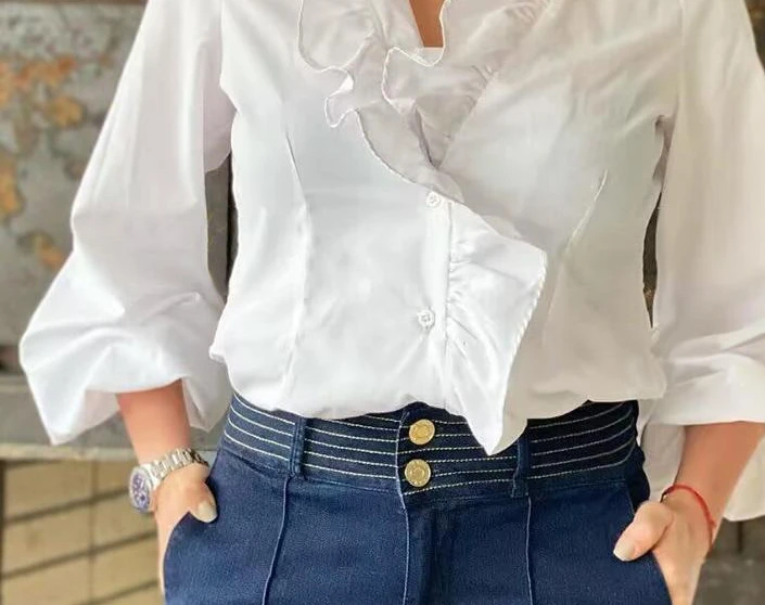 여름 봄 여성 의류 새로운 솔리드 컬러 프릴 에지 화이트 캐주얼 셔츠 블라우스 탑 긴 소매