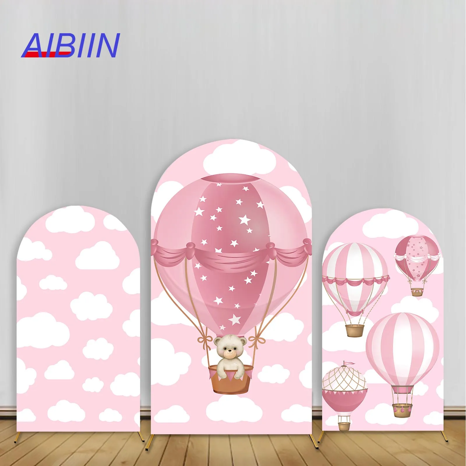 Bear Arch Backdrop Cover Hot Air Balloon Pink Sky White Cloud Baby Shower Party Decor Girl Birthday Photography Background