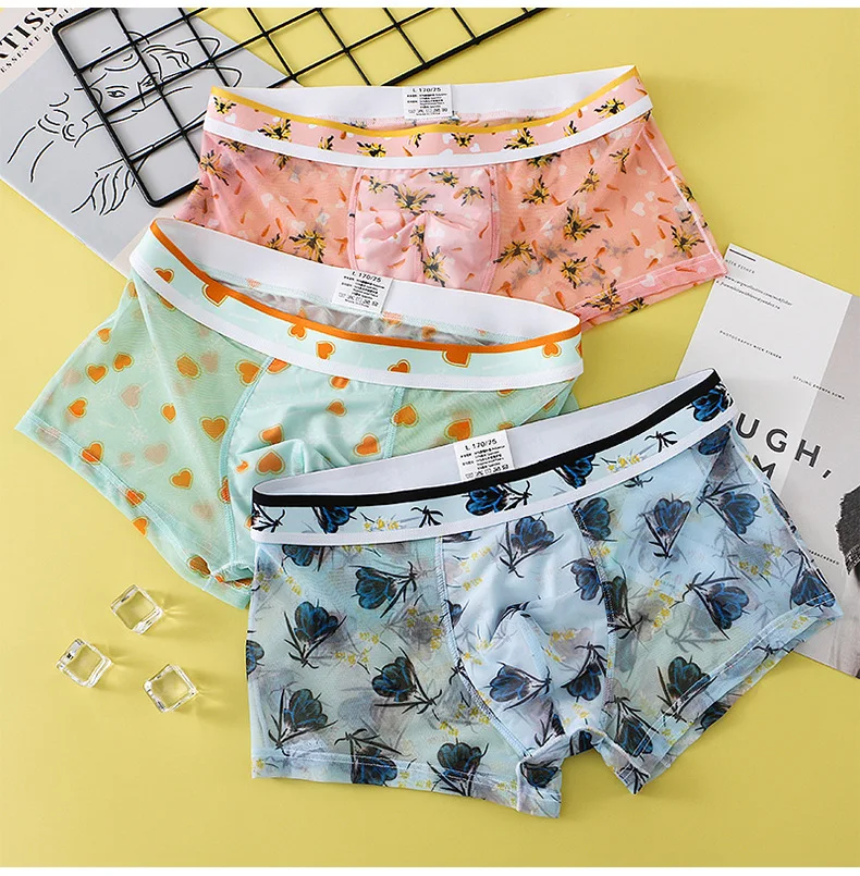 Men\'s Transparent Underpants Ultra Thin Boxer Shorts Print Ice Silk U Convex Pouch Underwear Mesh Aro Pant Summer Bottom Panties