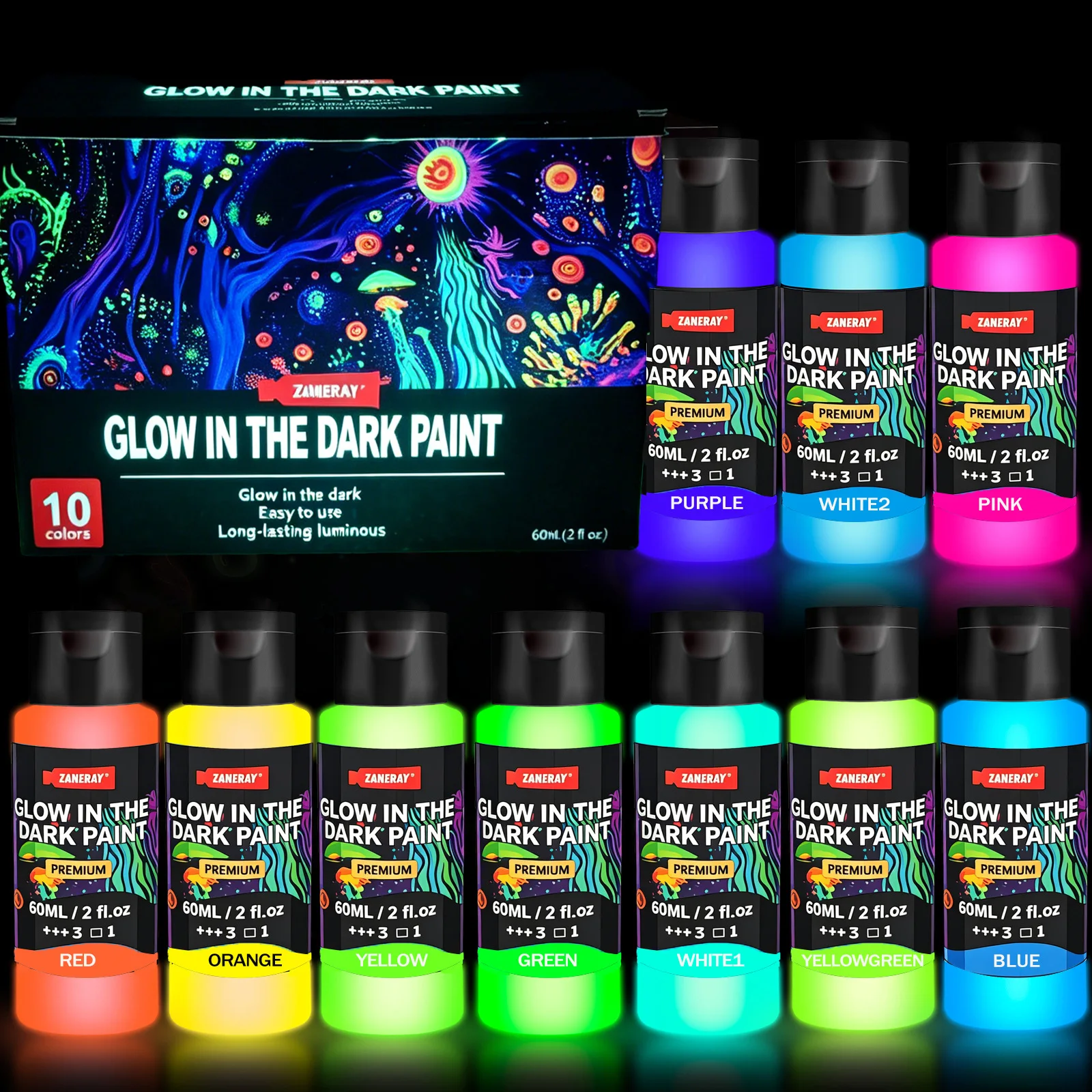 Juego de Pintura Acrílica Fluorescente de 10 Colores y 60 ml, Luminosa en la Oscuridad, para Manualidades de Halloween, Pigmentos Fluorescentes, Materiales de Arte
