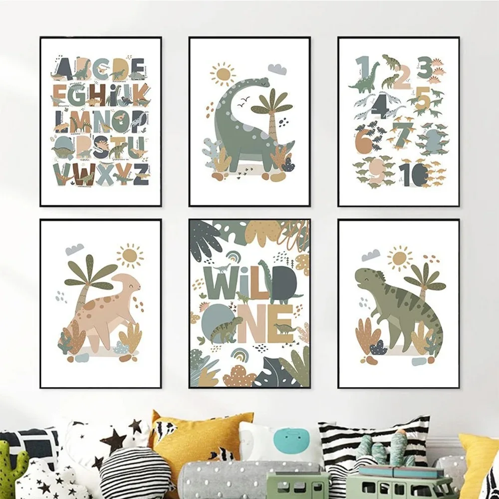 Nordic Cute Baby Dinosaur Wall Art Canvas Painting Alphabet Number Nursery Educational Poster Prints Picture for Kids Room De