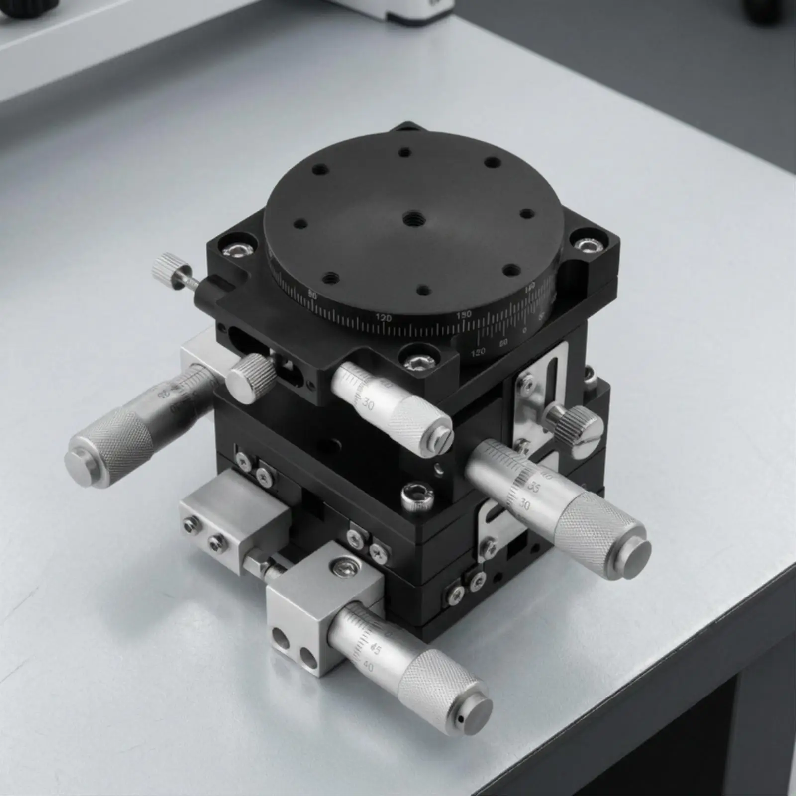 Durable Manual Linear Positioner with Threaded Ring Platform for Controlled Up and Down Movement in Tight Areas