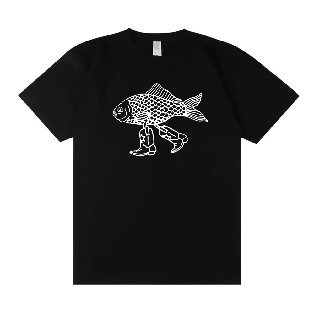 Walking Fish Printing Graphic Funny Tees Women Short Sleeve Loose Cotton Casual T Shirts White Summer Fashion Aesthetic Shirts